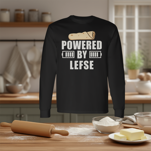 Maglietta a maniche lunghe Powered By Lefse con design del pane piatto norvegese, unisex, girocollo, stampa digitale, abbigliamento promozionale - Product Image 4