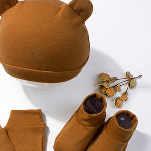 Topi janin baru lahir, sarung tangan Anti gores dan penutup kaki tiga buah Set topi telinga beruang bayi baru lahir kombinasi - Product Image 2
