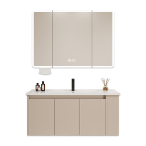 Wall-Mounted Bathroom Vanity Cabinet Rubber Wood Seamless Ceramic Sintered Stone Basin Modern Minimalist Design - Product Image 1