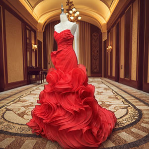 Abito <span class=keywords><strong>da</strong></span> Sera Formale <span class=keywords><strong>da</strong></span> <span class=keywords><strong>Donna</strong></span> Stile Los Angeles, Gonna a Sirena Rossa, Linea A, in Raso, Scollatura a Cuore, Chiffon Naturale con Cristalli e Arricciature - Product Image 6