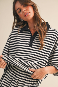 Custom Crop Top Two Piece Set Women <strong>Clothing</strong> Summer Fashion Women Shorts Set Striped Polo Shirt - Product Image 3