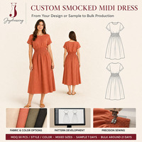 Pabrik Joydressing Gaun Midi Linen Wanita Custom Polos Lengan Pendek Pinggang Berkerut Model A-Line Gaun Musim Panas OEM ODM