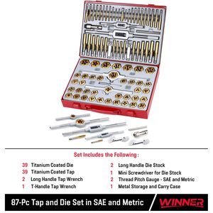 Jeu de 86 pièces de tarauds et filières hexagonales en acier allié, métriques M3 à M16 et SAE 4-40 à 9/16-18, pour réparation de filetages grossiers et fins - Product Image 3
