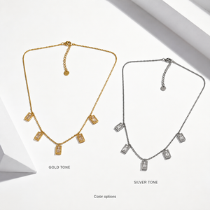 Collier à breloque en zircon en acier inoxydable plaqué or 14 carats par électrolyse sous vide, gouttes rectangulaires, chaîne de 45 cm, options ton or et argent - Product Image 1