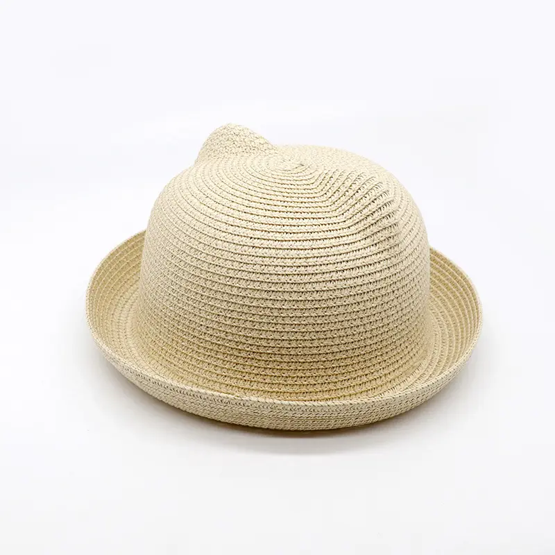 Toptan bahar güneş koruyucu kedi kulak Polyester plaj hasır şapka üreticisi toplu Logo nakış özel kapaklar şapkalar