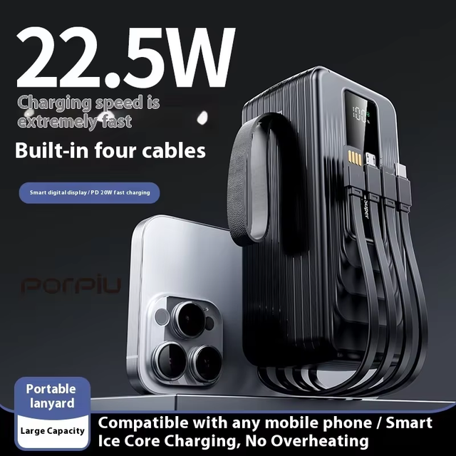 PORPIU Wholesale Large Capacity 30000mah Li-Polymer Ultra Slim Power Bank Super Fast 22.5W Charging Type-C Micro USB LED Display
