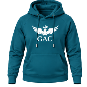 Sudadera con capucha azul verdoso oscuro con diseño de águila blanca, bolsillo canguro, capucha con cordón, manga larga, forro polar, estilo casual urbano - Product Image 1