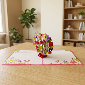 Biglietto d'Auguri 3D Pop-Up a Forma di Cuore con Tulipani Fatti a Mano, Tendenza del Momento, Regalo in Carta Artigianale Vietnam Hanoi, Stile Anime Personalizzato per la Festa della Mamma e San Valentino - Product Image 2