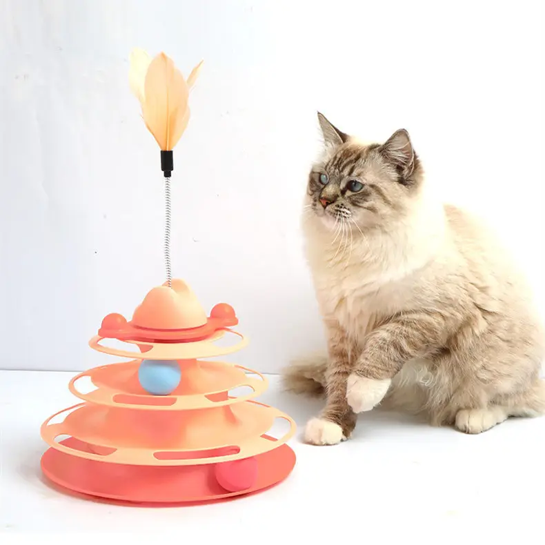 Diskon Besar Persediaan Hewan Peliharaan Mainan Kucing Interaktif Mainan Menara 4 Lapis Mainan Puzzle Meja Putar Mainan Penggoda Kucing
