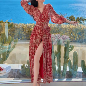 berrygo women's boho v neck ruffle floral wrap maxi dress Genuine vintage 70s hippie boho tribal ethnic India loose fit Caftan dress