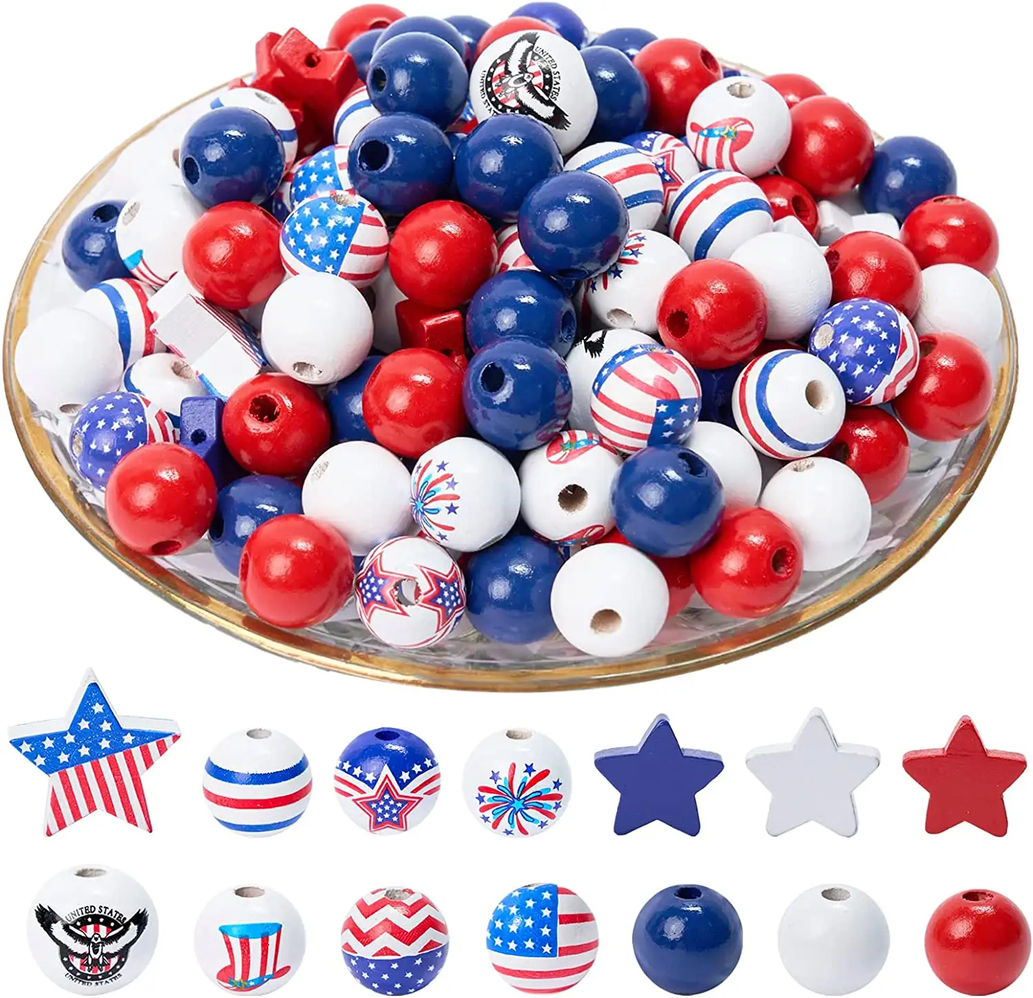 Kraff 4th of July Patriotic Wood Beads America Flag Spacer Bead per Memorial Day Independence Day Tiered Tray Decor