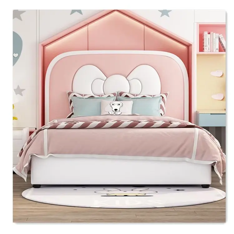 Set Furnitur Kamar Tidur Anak, Tempat Tidur Putri Merah Muda Penyimpanan Ganda Bingkai Kayu Solid untuk Bocah