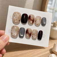 Faux ongles décoratifs à presser, motif floral doré nude, bordeaux et gris, pour collections de beauté de boutique