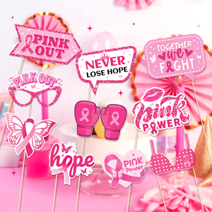 Huancai 25 pièces accessoires de cabine Photo ruban rose avec bâtons Kit d'accessoires de Selfie de fête pour les femmes fournitures de fête de sensibilisation au Cancer du sein - Product Image 3