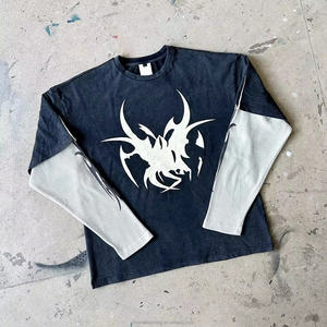 T-<span class=keywords><strong>shirt</strong></span> personnalisé impression ourlet brut Vintage pierre en détresse lavé à l'acide t-shirts graphiques t-<span class=keywords><strong>shirt</strong></span> double couche à manches longues T-<span class=keywords><strong>Shirt</strong></span> patron - Product Image 4