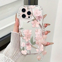 Coque de téléphone portable motif fleurs de cerisier tendance avec chaîne pour iPhone 16 Plus 15 17 18 Pro Max, coque arrière crème