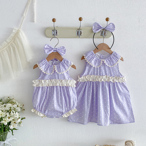 Ensemble assorti <span class=keywords><strong>pour</strong></span> sœurs : Combinaison sans manches et robe à pois violets <span class=keywords><strong>pour</strong></span> bébés et petites filles – Idéal <span class=keywords><strong>pour</strong></span> le quotidien et les séances <span class=keywords><strong>photo</strong></span> de vacances - Product Image 2