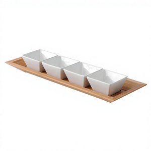 Últimas Bandejas Ecológicas Clásicas Largas e Irregulares Blancas para Aperitivos con Bandeja de Bambú Natural para Servir Snacks, Salsas, Dulces y Fideos - Product Image 1