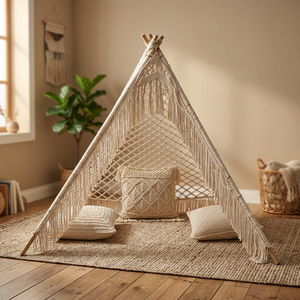 Tente tipi moderne pour enfants faite à la main, pliable, en coton, avec franges en bois naturel, pour jouer à l'intérieur et à l'extérieur - Product Image 2