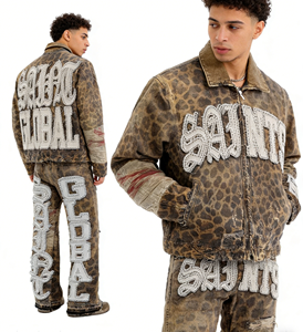 Custom Leopard Sweatsuit <b>Jacket</b> <b>Rhinestone</b> Embroidery Applique Zip up Hoodie and Jogger Sweatpants Set Heavyweight Tracksuit Men - Product Image 1