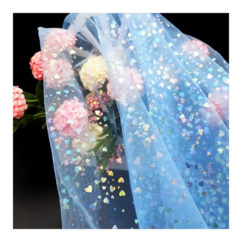 KT13 100%Polyester Solid Blue Tulle Fabric with Heart Color Foil Print Tulle Mesh Fabric for Clothing
