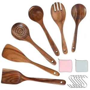 Utensili da cucina in legno di Acacia manico in legno cottura cucchiaio di bambù spatola pentole per la casa utensili da cucina Set strumenti da cucina