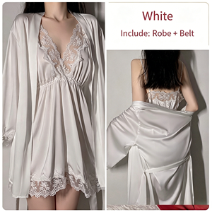 Ensemble de Nuit Luxe Femme en Soie Satinée Douce 2 Pièces avec Dentelle, Robe de Nuit Col V et Peignoir, Taille Élastique, Manches Courtes, Longueur Genou, OEM - Product Image 6