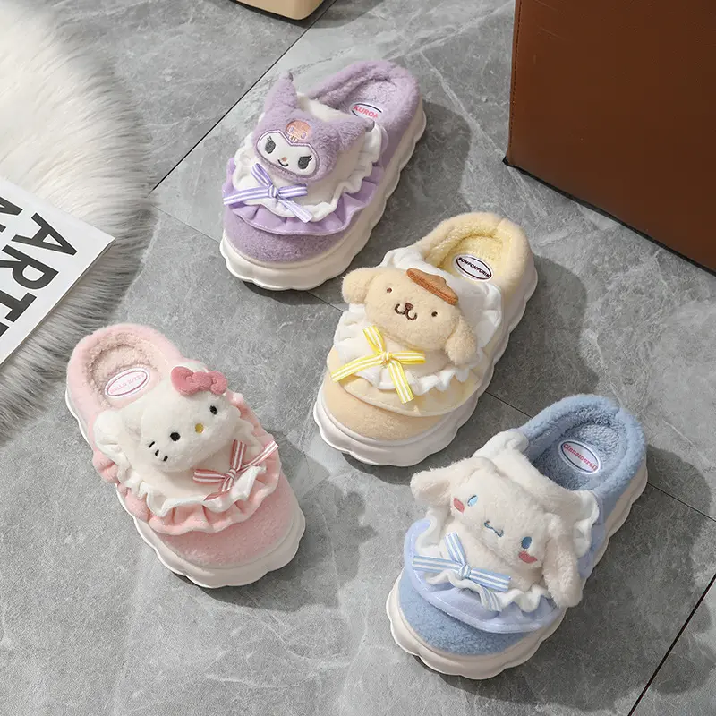 Ruunjoy sandal mewah sanrioed baru hadiah musim dingin sandal wanita lucu anime kt kuromi Cinnamoroll sol tebal hangat rumah sandal sepatu wanita