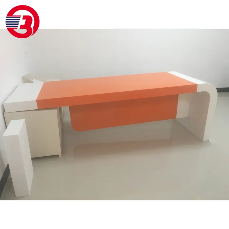 白とオレンジ色のオフィステーブルエグゼクティブデスク人工石モダンオフィステーブル