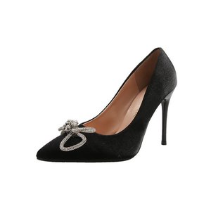 French High Heels Women Slim With of the New Girl <b>Suede</b> Rhinaute Bow Pointy <b>Black</b> Single Shoes - Product Image 4