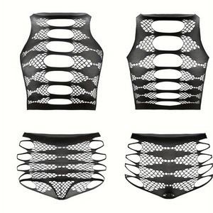 Ensemble de lingerie en résille pour femme, haut court ajouré à bretelles avec culotte taille haute - Product Image 5