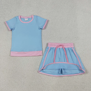Conjuntos de 2 Piezas para Niñas, Moda Verano Azul, Top con Hombros Caídos y Falda Pantalón, Ropa a Juego para Mamá e Hija, Venta al Por Mayor - Product Image 4