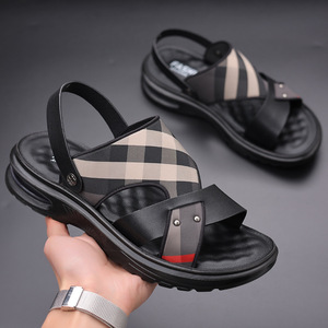 New <b>Summer</b> Men Genuine Leather Sandals Plaid Design Air Cushion Thick Sole Non Slip Wear Resistant Outdoor Beach Casual Shoes - Product Image 4
