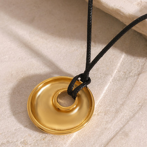 Stainless Steel Round Pendant With <b>Polished</b> Finish <b>Black</b> Waxed Cord Gift Jewelry - Product Image 4