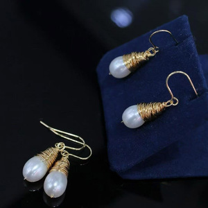 wholesale Handmade Spiral Wire Wrapped Teardrop Pearl Hook <b>Earrings</b> USA Imported 14K Gold Filled Natural Freshwater Pearl - Product Image 3