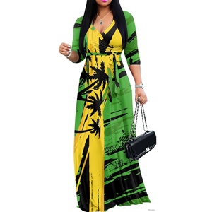 Jamaica Flag Jamaican Design Women's Floral Print Maxi Dresses Summer Casual <strong>3</strong> 4 Sleeve V-Neck Wrap Tie Waist Long Dress S-5XL - Product Image 3