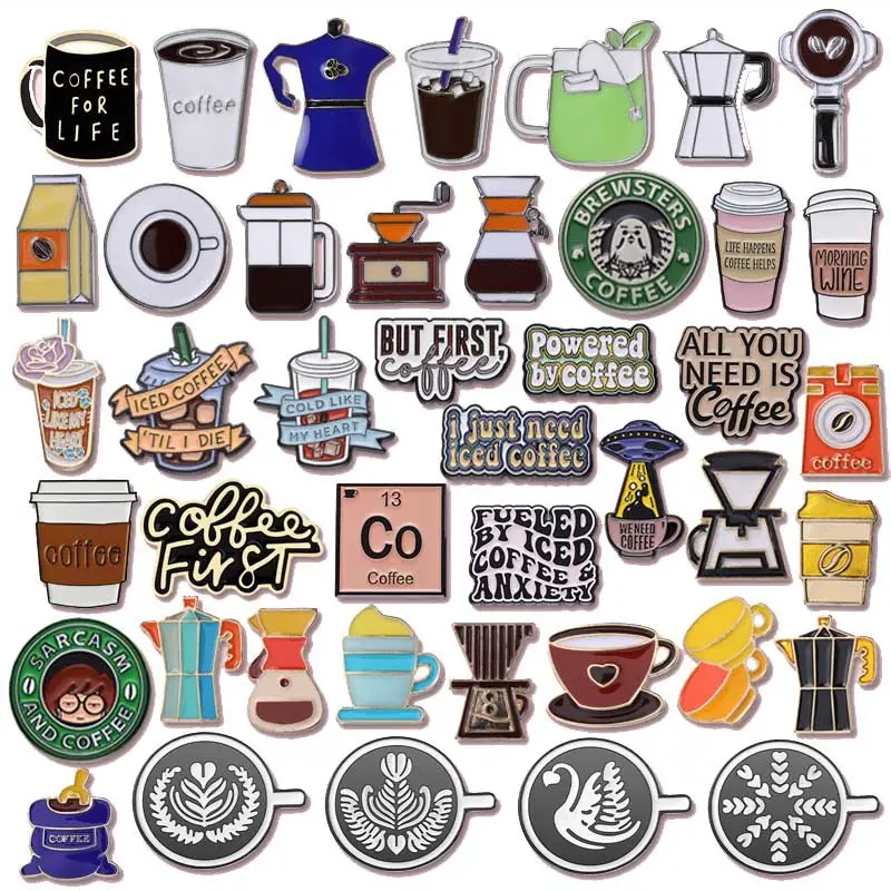 Broche de taza de café de dibujos animados de colores esmaltados para manualidades de Metal DIY, alfileres personalizados, insignias con logotipo de Metal para accesorios de mochila