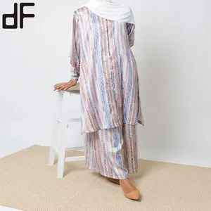 OEM Custom Casual Frauen Islamische Kleidung Satin Loose Striped Baju Kurung Anzüge Muslim Malaysia Bluse Zweiteilige Frauen hose