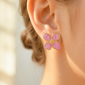 Pendientes de botón de flor de acero inoxidable dorado de 22 mm al por mayor, con cuatro pétalos, esmalte marmoleado, efecto goteo de aceite, <span class=keywords><strong>rosa</strong></span> y azul, joyería floral para mujer - Product Image 3