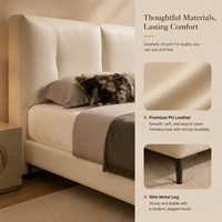 Lit moderne beige écologique en cuir véritable rembourré avec des tables de chevet circulaires et une tête de lit rembourrée