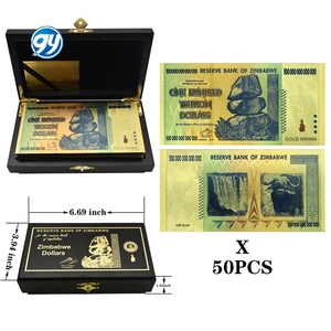 50 banconote <span class=keywords><strong>da</strong></span> cento trilioni di dollari dello Zimbabwe in plastica placcata oro con scatola in legno - Product Image 1