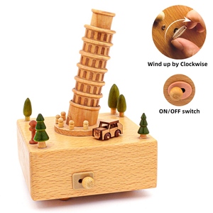 Vente en gros de logo gravé mécanique tour penchée en bois de Pise boîte à musique avec voiture ronde mobile pour cadeau souvenir - Product Image 2