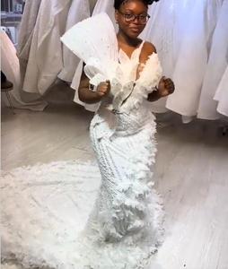 <span class=keywords><strong>Vestido</strong></span> de Novia Aso Ebi con Cuentas de Cristal Brillantes, Vestidos de Novia con Volantes en Capas, Estilo Sirena, Talla Grande - Product Image 1