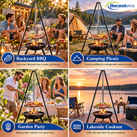 Barbecue portable de camping avec trépied, grille suspendue en fil métallique, foyer noir, hauteur réglable
