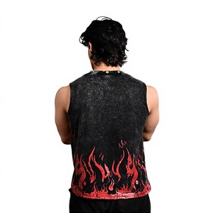 Débardeur sans manches pour homme, imprimé flamme noire et rouge, col rond, style streetwear, coton respirant, décontracté et élégant, idéal pour l'extérieur - Product Image 2
