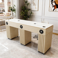 Meubles de salon de manucure modernes et luxueux, table de manucure double professionnelle en MDF avec plateau en marbre, chaise et ventilateur extracteur