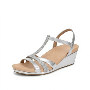 Silver Rhinestone Strappy Wedge <b>Sandals</b> <b>Women</b> Square Toe Slip on <b>Buckle</b> Wedge Shoes Summer Large Sizes - Product Image 3