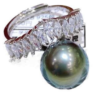 Bague en perle verte paon naturelle en gros, plaquée argent 925, plaquée or 24 carats, style bohème géométrique, haute qualité, 10-11 mm, sans défaut, lumière intense, boîte cadeau - Product Image 5