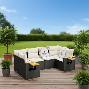 Conjunto de sofás de jardín en negro y blanco crema, muebles modernos de patio, seccionales para exteriores con portavasos - Product Image 2
