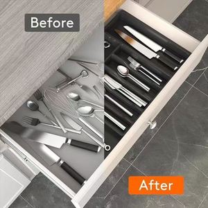 Plateau de rangement extensible pour ustensiles de cuisine, boîte de rangement pour vaisselle, plateau de rangement rétractable pour cuisine, organisateur de tiroirs en plastique - Product Image 5
